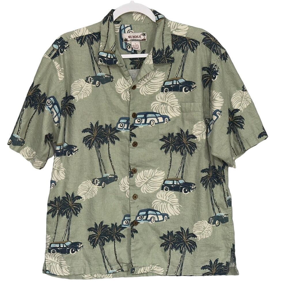 Summa | Men's Large | Linen Tropical Button Up Shirt‎ Palm Trees Hawaiian Aloha